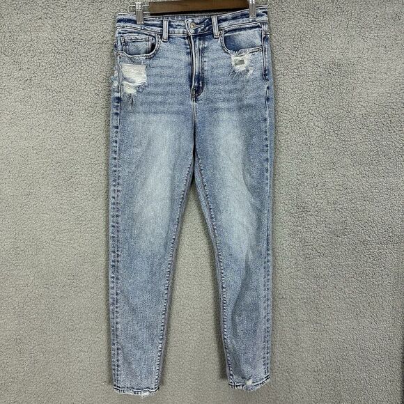 American Eagle Jeans Women 2 Blue Light Wash Straight Leg Distressed Boho Grunge - Picture 1 of 7